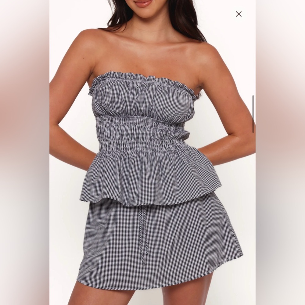 NWT- Petal & Pup Luna Strapless Peplum Top, Black White Gingham, Size Medium